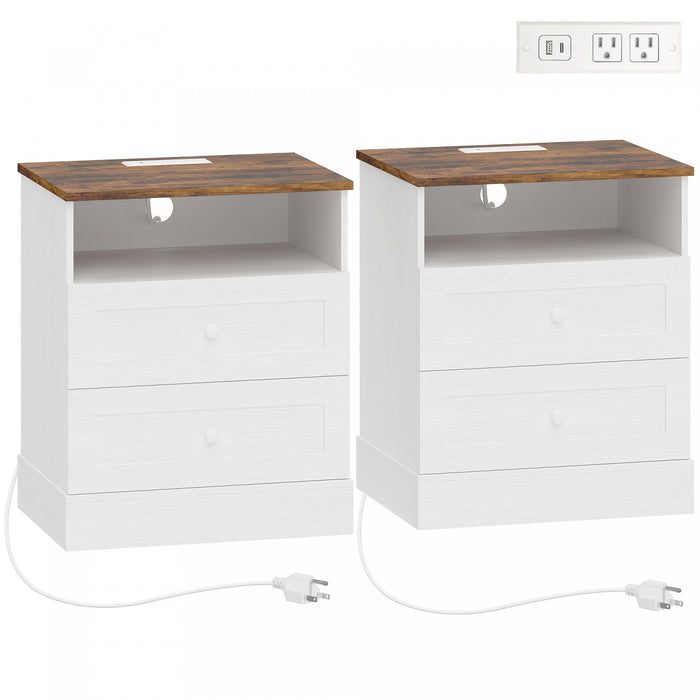 HOMCOM Lot de 2 tables de chevet avec station de charge, blanc et chene