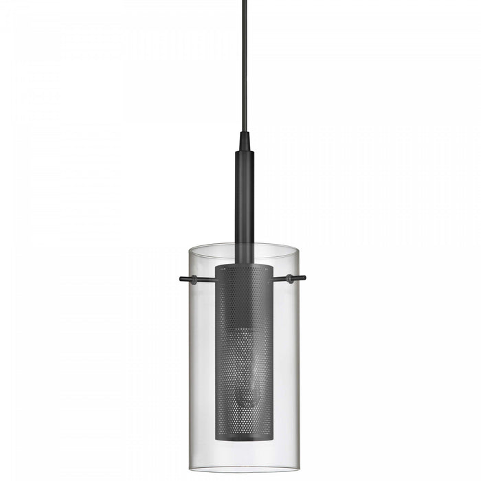 Luminaire suspendu Percy de Dainolite en verre transparent, avec fini noir mat et 1 ampoule