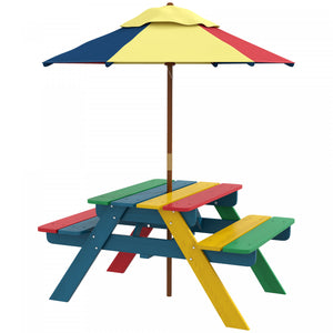 Outsunny Ensemble De Table De Pique-nique Pour Enfants Avec Parasol Amovible, Table Et Chaises D'exterieur En Bois Pour Enfants Pour Jardin, Garcons Et Filles De 3 A 6 Ans, Multicolore
