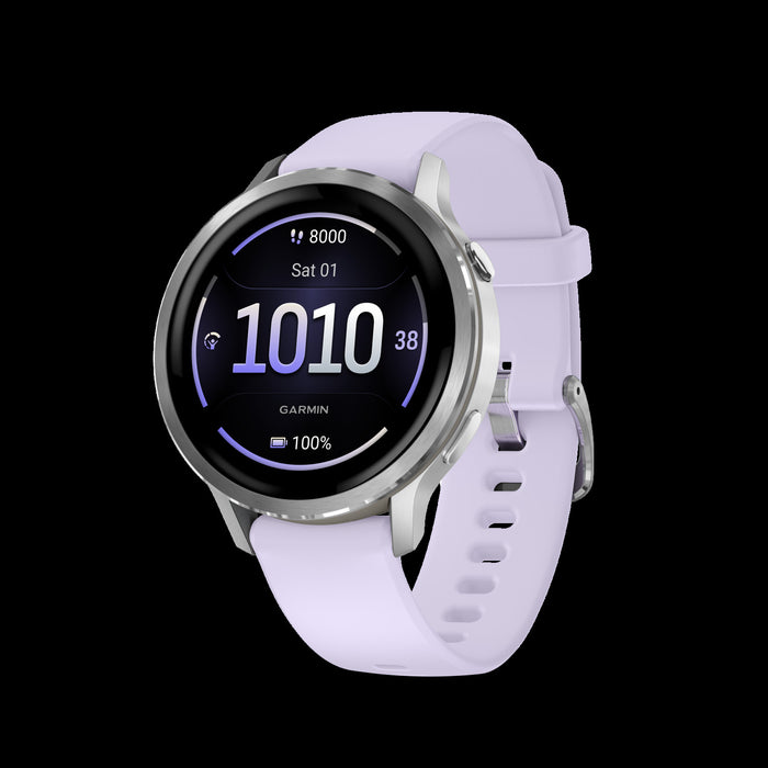 Montre intelligente Garmin Venu 4 41 mm argent pervenche - Suivi d'activite, statut HRV, Pulse Ox, sante des femmes, GPS multi-bande, entrainements quotidiens
