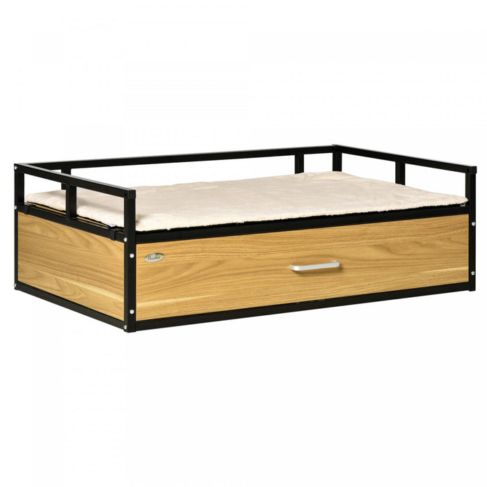 Pawhut Lit Pour Chien Chat Sur Pieds Avec Tiroir Coussin Doux Lavable Grand Confort Espace De Rangement Panneau De Particules 39.25\" X 23.5\" X 12.5\" Noir Chene