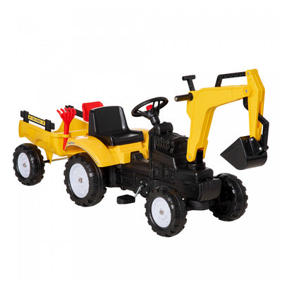 Aosom Ride-on Toy Pedal Digger Construction Car With Horn & Detachable Trailer, Yellow|Aosom Voiture De Construction A Pedales Avec Klaxon Et Remorque Detachable, Jaune