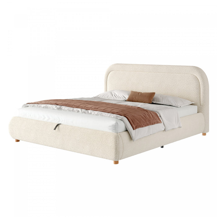 Lit plateforme Sophia avec rangement a levage hydraulique, revetement en boucle, taille king, beige
