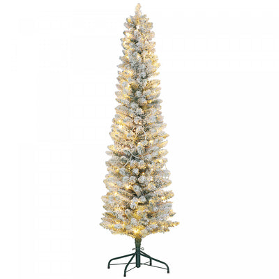 Homcom 7 Foot Snow Flocked Artificial Pencil Christmas Tree With Lights|Homcom Arbre De Noel Artificiel Floque Enneige De 7 Pieds Avec Lumieres
