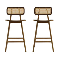 Bari lot de 2 tabourets de comptoir en bois de caoutchouc avec dossier en rotin et repose-pieds, couleur noyer