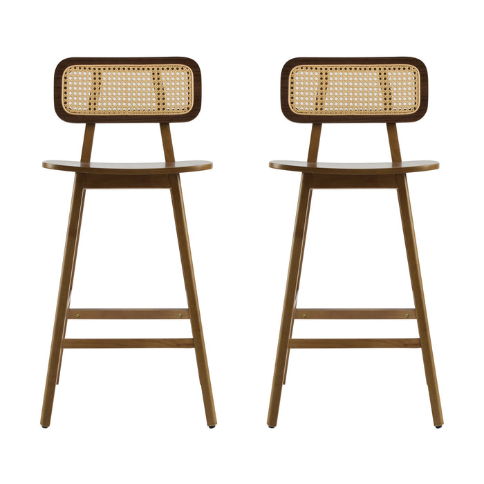 Bari lot de 2 tabourets de comptoir en bois de caoutchouc avec dossier en rotin et repose-pieds, couleur noyer