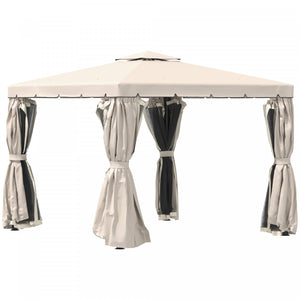 Outsunny 10' X 10' Tonnelle Tente D'abri De Jardin Double Toit Souple Avec De Beaux Rideaux En Polyester Et Des Rideaux En Maille, Creme