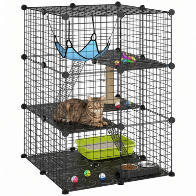 PawHut 3 Tier Cat Cage Crate, DIY Pet Playpen with 3 Doors, Ladders, Hammock, Platforms, Indoor Playpen for Kittens, Squirrel, Rabbit, Black