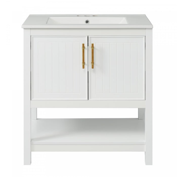 Simona Meuble-lavabo En Bois Massif 30\" Avec Vasque En Ceramique Et Espace De Rangement -Blanc