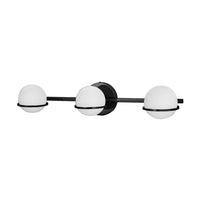 Lumière de coiffeuse Sofia de Dainolite en verre blanc, avec fini noir mat et 3 ampoules