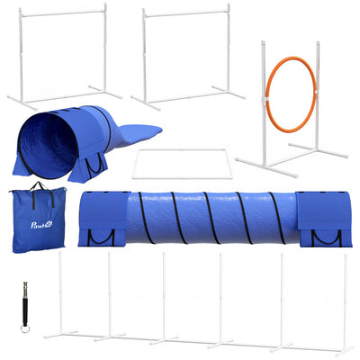 PawHut 7Pcs Dog Agility Training Equipment 11.5KG Net Weight, Obstacle Starter Kit with 2 Tunnels, Adjustable Jump Ring, 2 Jumpers, Weave Poles, Pause Box, Carrying Bag, Whistle