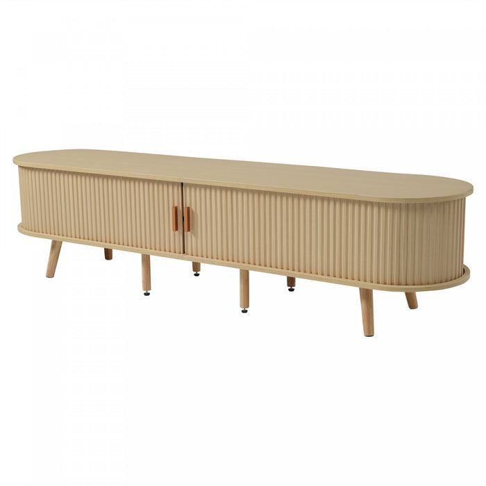 Ethan meuble TV ovale – meuble multimedia avec portes coulissantes et tiroirs, finition naturelle