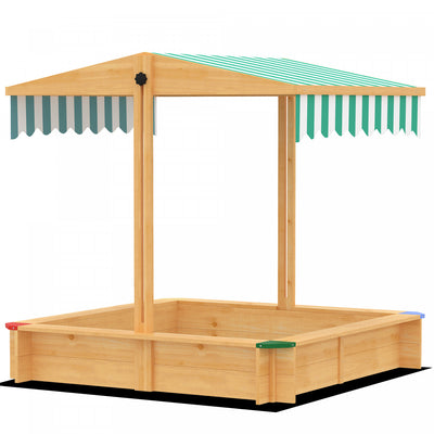 Outsunny Wooden Sandbox with Cover, Kids Sandbox Outdoor with Adjustable Canopy, Seats, and Bottom Liner for Backyard, Beach, 47" x 47" x 47", Gift for Ages 3-6, Light Brown