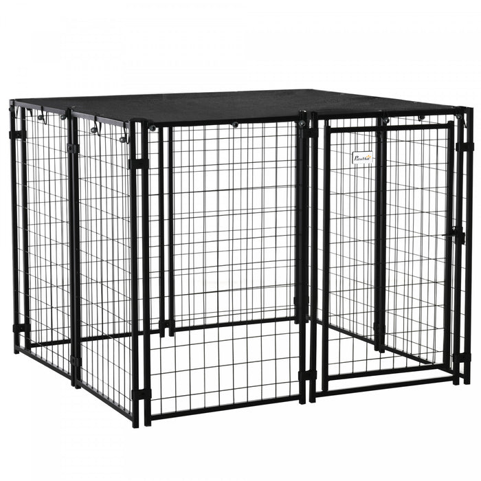 Pawhut Niche D'exterieur Pour Chien, Cloture En Fil D'acier Soude, Cage De Parc Verrouillable Pour Animaux De Compagnie, Avec Couvercle Superieur, Porte, 5ft X 5ft X 4ft, Noir