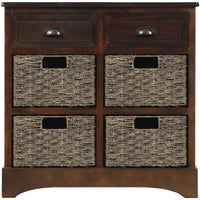  Buffet De Rangement Tobey En Bois Massif Avec 2 Tiroirs Et 4 Paniers En Rotin, Espresso