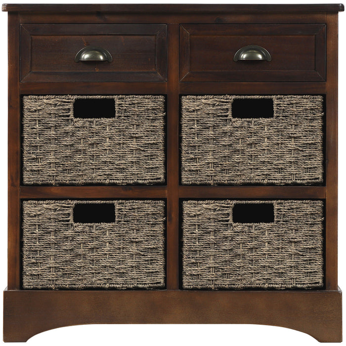 Buffet De Rangement Tobey En Bois Massif Avec 2 Tiroirs Et 4 Paniers En Rotin, Espresso