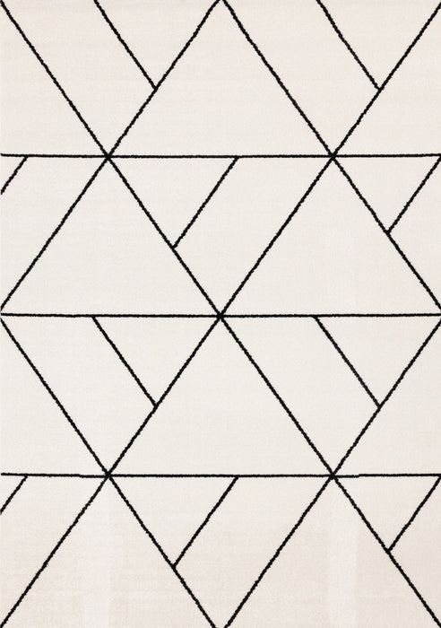 Tapis Covington a motif de treillis geometrique moderne blanc et noir, 5'3\" x 7'7\"