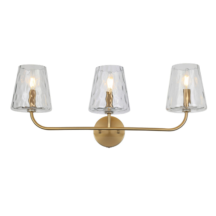 Lumière de coiffeuse Eleanor de Dainolite en verre martelé transparent, avec fini laiton vieilli et 3 ampoules