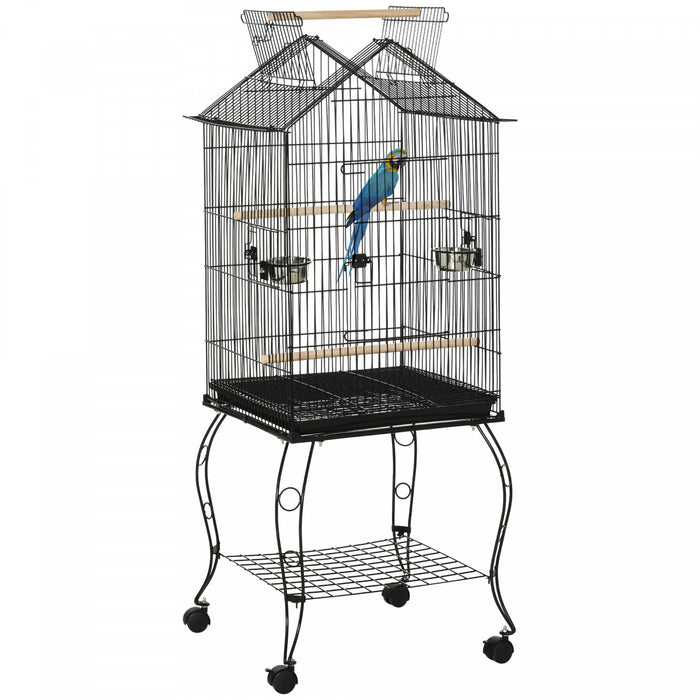 Pawhut Grande Cage A Perroquets En Metal Pour Oiseaux Cage A Perruches Cage A Oiseaux Support Pour Station D'alimentation Avec Roues
