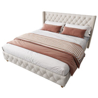  Lit plateforme en lin Haley avec tete de lit a ailes classiques et capitonnage en diamant, taille King, beige