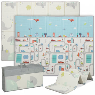 Qaba Baby Play Mat, 79" x 59" x 0.4", Foldable and Reversible Large Foam Playmat, Waterproof & Anti-Slip Portable Baby Floor Mat for Toddlers, Indoor Outdoor Use, Track & Elephant