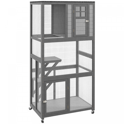 Pawhut 74" Wooden Outdoor Cat House Weatherproof & Wheeled, Catio Outdoor Cat Enclosure With High We|Pawhut Maison D'exterieure En Bois Pour Chat De 74", Resistante Aux Intemperies Et A Roulettes, Encl