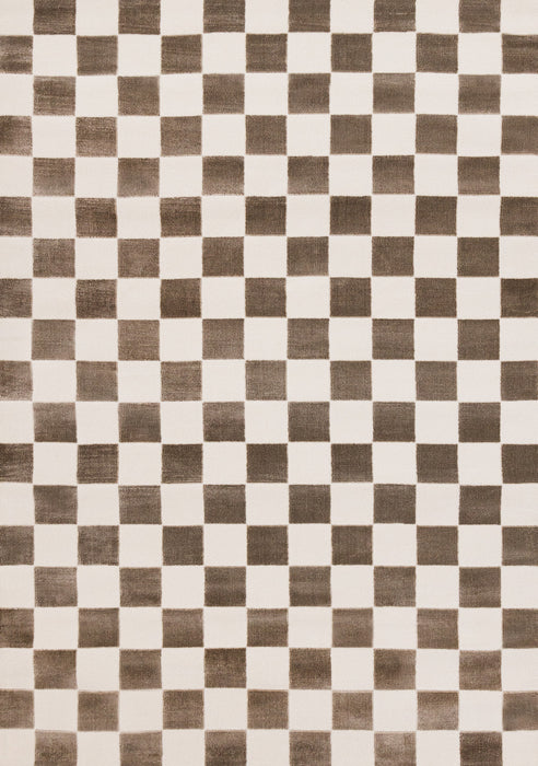 Carpette géométrique Leopold brune et blanche à motif de carreaux - 5 pi 3 po x 7 pi 7 po