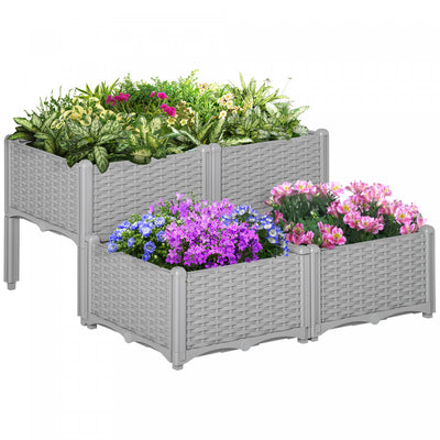Outsunny 4-piece Elevated Flower Bed Vegetable Herb Planter Plastic Grey|Outsunny 4 Pieces Lit De Fleurs Sureleve Planteur D'herbes Vegetales