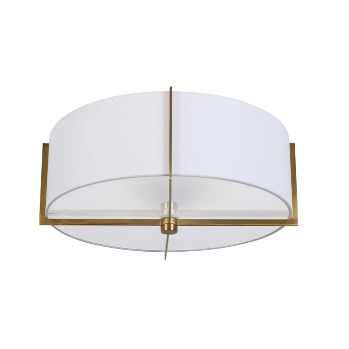 Plafonnier semi-affleuré Preston de Dainolite avec abat-jour blanc, fini laiton vieilli et 3 ampoules