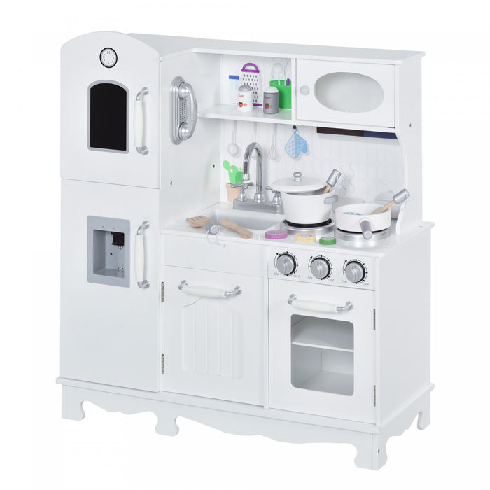 Qaba Cuisine Pour Enfants 3+ Ans Dinette Jeu D'imitation Educatif Complet Nombreux Accessoires Materiau En Mdf Et Pin Robustes 30\" X 11.75\" X 34.75\" Blanc