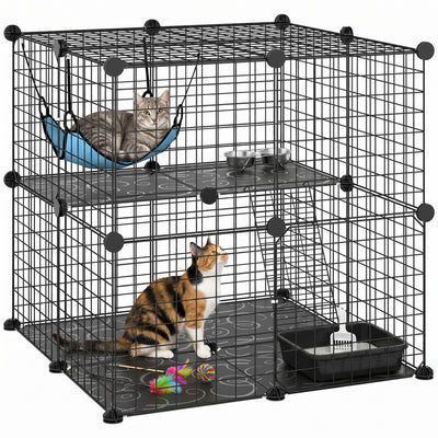 PawHut 2 Tier Cat Cage Crate, DIY Pet Playpen with 2 Doors, Ladder, Hammock, Platform, Indoor Playpen for Kittens, Squirrel, Rabbit, Black