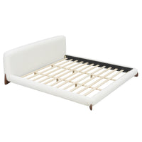 Cadre de lit plateforme Emma a profil bas avec tete de lit courbee et revetement en boucle, taille queen, blanc creme