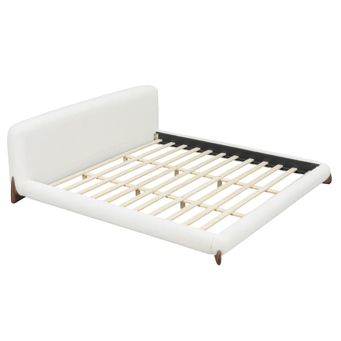 Cadre de lit plateforme Emma a profil bas avec tete de lit courbee et revetement en boucle, taille queen, blanc creme