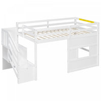  Lit mezzanine moderne Pepys avec escalier de rangement et fenetre, taille simple, blanc