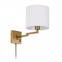 Applique murale Dainolite de Dainolite avec abat-jour cylindrique blanc, bras articulé et fini laiton antique