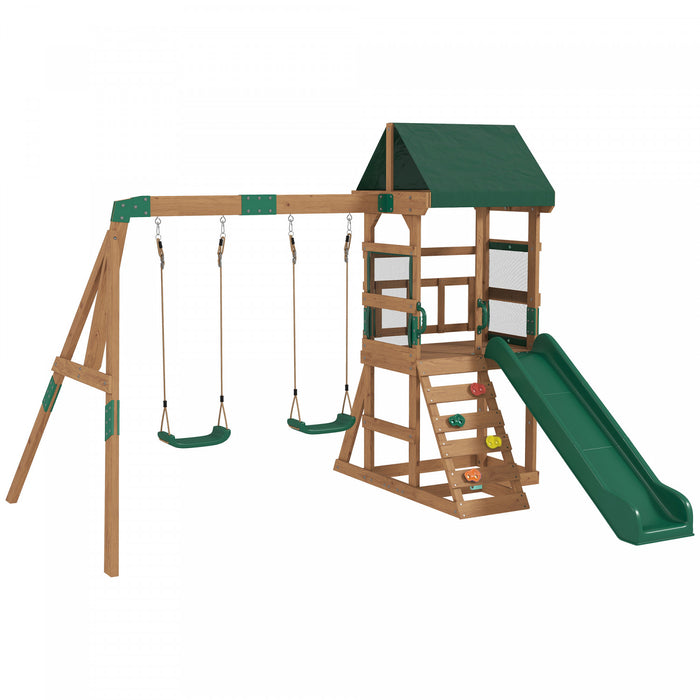 Portique en bois Qaba, aire de jeux exterieure avec toboggan, 2 balancoires et mur d'escalade