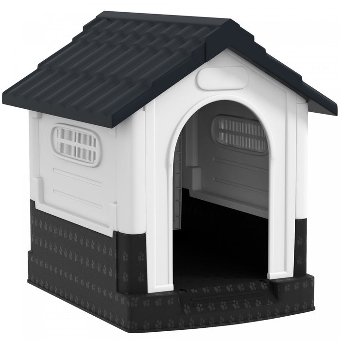 Niche exterieure avec fenetres pour chien miniature, gris fonce