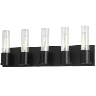Dainolite Tube 5 Light Vanity Light Matte Black Clear Fluted Glass Lamp|Lumière de coiffeuse Tube de Dainolite en verre cannelé transparent, avec fini noir mat et 5 ampoules