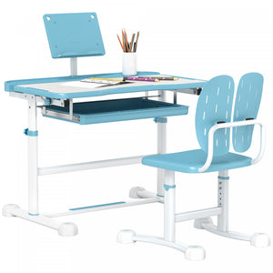 Qaba Ensemble Bureau Et Chaises Pour Enfants, Table D'etude Et Chaises Reglables En Hauteur Avec Bureau Inclinable, Grand Tableau D'ecriture, Support De Livre Pour 3 A 12 Ans, Bleu