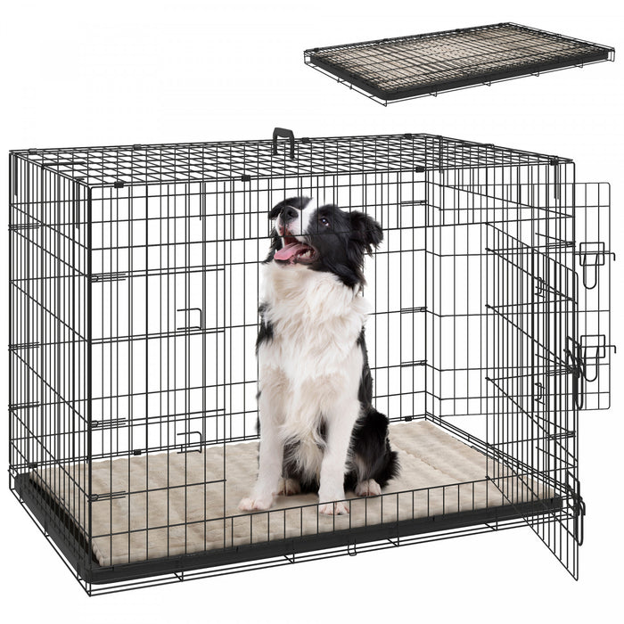 Cage Pour Chien Pawhut, Niche Pliable En Metal De 104 Cm Avec 2 Portes, Plateau Amovible, Coussin Moelleux, Poignee, Cage Pour Tres Grands Chiens, Noir