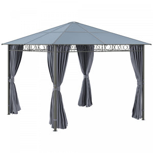 Outsunny 10' X 10' Pavillon De Jardin Polycarbonate A Toit Rigide Gazebo Exterieur Patio Avec Cadre En Aluminium Et Rideaux, Gris Fonce