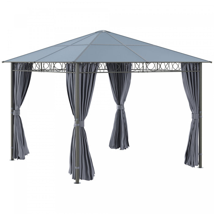 Outsunny 10' X 10' Pavillon De Jardin Polycarbonate A Toit Rigide Gazebo Exterieur Patio Avec Cadre En Aluminium Et Rideaux, Gris Fonce