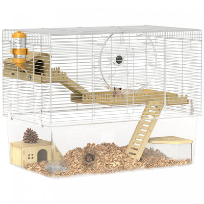 Pawhut Hamster Cage, Transparent Small Animal House With Deep Bottom, Wooden Ramp, Hut, Bathroom And Exercise Wheel For Hamster And Gerbil, 23.2" L X 14" W X 18.5" H, Two Huts