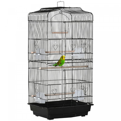 Pawhut 36" Bird Cage For Finches, Canaries Budgies, Parrot Cage With Accessories Handle, Black|Pawhut 36" Cage A Oiseaux Cacatoes Perroquet Cage 2 Portes Perchoir 4 Mangeoires, Noir