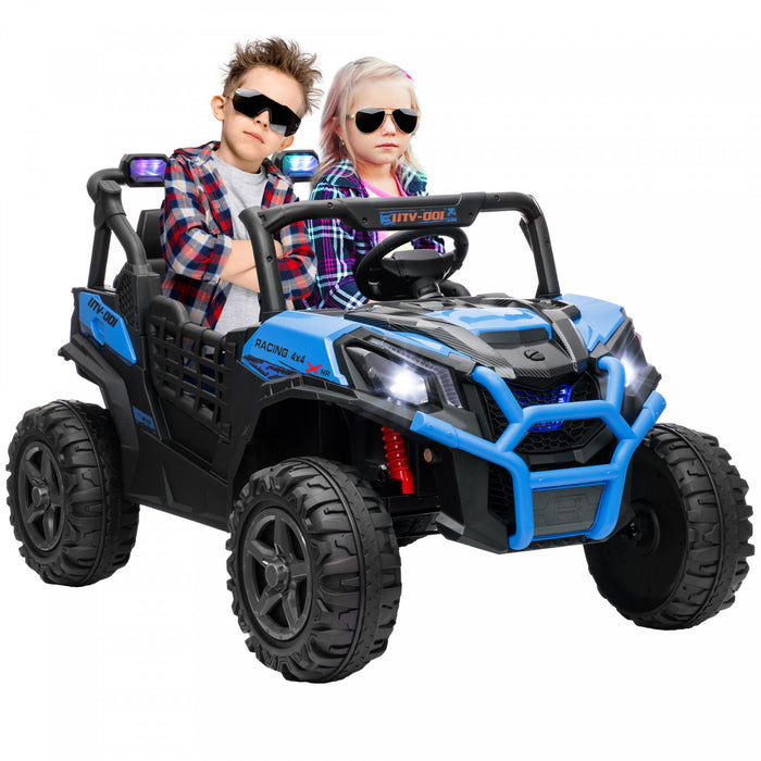 Qaba Voiture Electrique 2 Places Pour Enfants, Alimentee Par Batterie 24 V, Avec Telecommande, 3 Vitesses, Lumieres Led, Musique, Klaxon, Suspension A Ressort Pour 3 A 8 Ans, Bleu