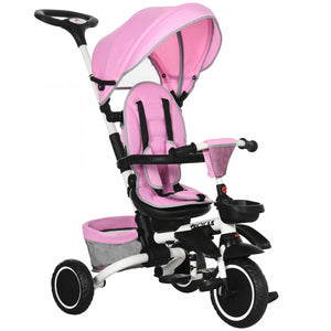 Aosom Tricycle Pour Enfant 7-en-1, Avec Siege Rotatif, Poignee De Poussee Reglable, Harnais De Securite, Auvent Detachable, Repose-pieds Semi-inclinable, Barre De Securite Pour 12-50 Mois, Rose