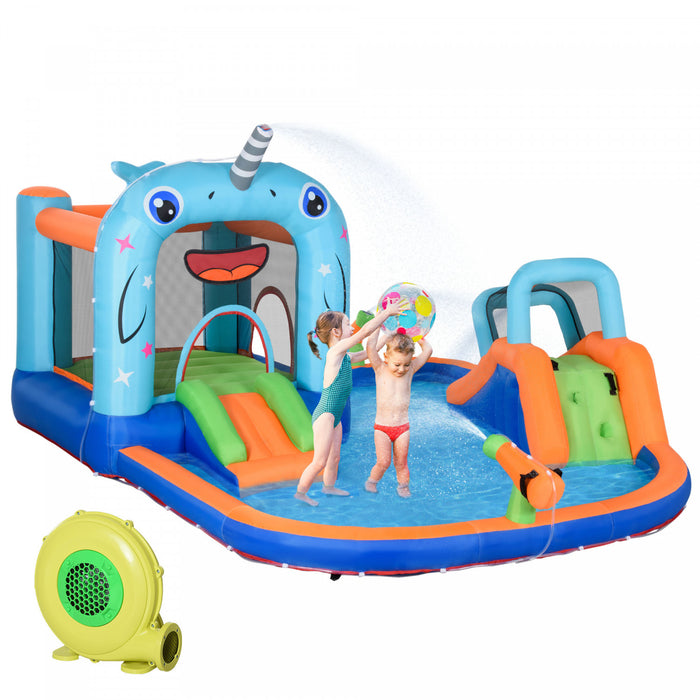 Outsunny 5-en-1 Toboggan Gonflable, Chateau Gonflable Pour Enfants Avec Toboggan, Trampoline, Piscine, Pistolet A Eau, Mur D'escalade, Sac De Transport, Patches De Reparation, Souffleur 450w