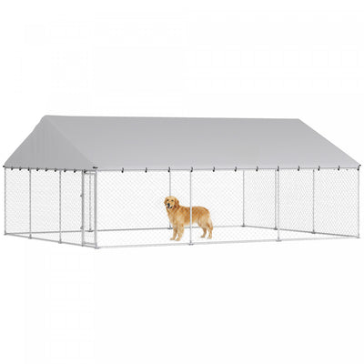 PawHut Large Dog Kennel with Roof and Safety Lockable Latches, Heavy-Duty Galvanized Steel Dog Run Chain Link w/ Waterproof UV-Resistant Cover, 19.7' x 14.8' x 7.9'