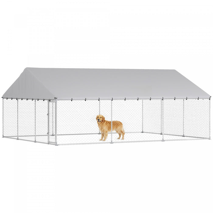PawHut - Grand chenil pour chien avec toit et verrous securises, parc pour chien en acier galvanise robuste avec couverture etanche et resistante aux UV, 6 m x 4,5 m x 2,4 m