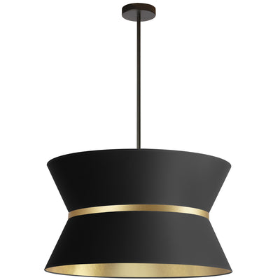 Dainolite Caterine 4 Light Pendant 24" Dia Matte Black Finish Gold Ring/Black Shade Lamp|Luminaire suspendu Caterine de Dainolite de 24 po de diamètre, avec abat-jour noir, anneau doré, fini noir mat et 4 ampoules